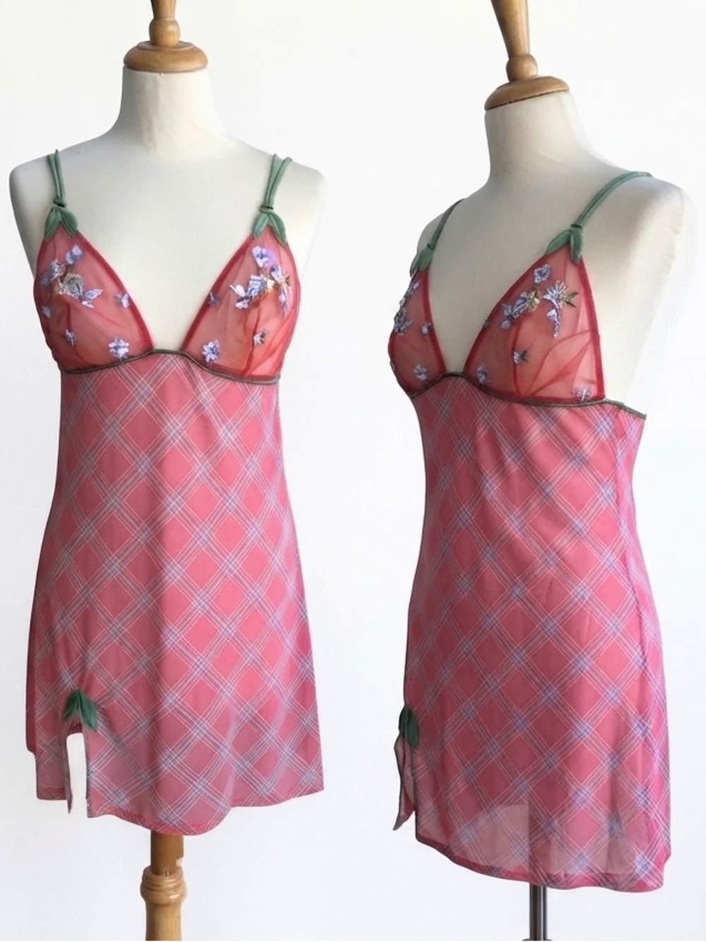 La Perla x Malizia y2k Sheer Pink Plaid Slip Nightdress with Green Trim